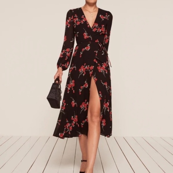 Reformation Nicole Floral Black Wrap Midi Dress Size: XS - Picture 3 of 9